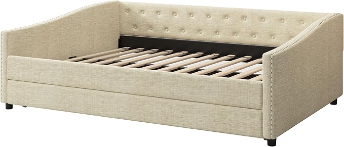 Full Size Daybed with Trundle, Upholstered Tufted Sofa Bed with Button on Back and Piping on Waved Shape Arms for Bedroom, Apartment, Living Room, Wooden Slats Support, Beige - LeafyLoom