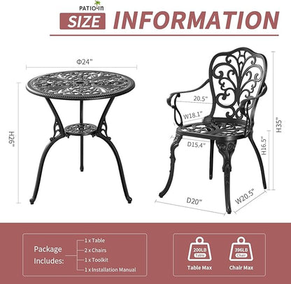 Bistro Table and Chairs Set of 2, Cast Aluminum Patio Furniture, Outdoor Bistro Set 3 Piece with Umbrella Hole for Balcony Porch Yard - LeafyLoom