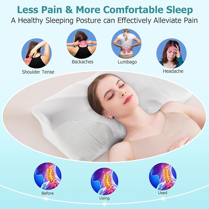 Cervical Neck Pillow for Pain Relief, Contour Memory Foam Pillows for Sleeping, Ergonomic Orthopedic Bed Pillow, Neck Support Pillows for Side Back Stomach Sleepers with Cooling Pillowcase - LeafyLoom