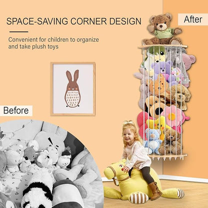 Corner Stuffed Animal Storage Wood Plush Toys Hanging Organizer Length Adjustable Stuffed Animal Holder with Moon Star Pattern Kids Toy Shelf Large Toy Storage for Nursery Playroom Bedroom Furniture - LeafyLoom