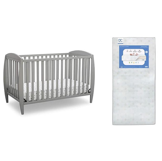 Delta Children Twinkle 4-in-1 Convertible Baby Crib, Sustainable New Zealand Wood, Grey and Delta Children Twinkle Galaxy Dual Sided Recycled Fiber Core Crib and Toddler Mattress (Bundle) - LeafyLoom