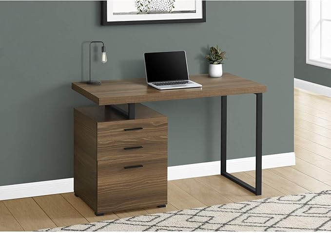 Monarch Specialties 7640 Computer Desk, Home Office, Laptop, Left, Right Set-up, Storage Drawers, 48" L, Work, Metal, Laminate, Walnut, Black, Contemporary Desk-48 R Face, 47.25" L x 23.75" W x 30" H - LeafyLoom