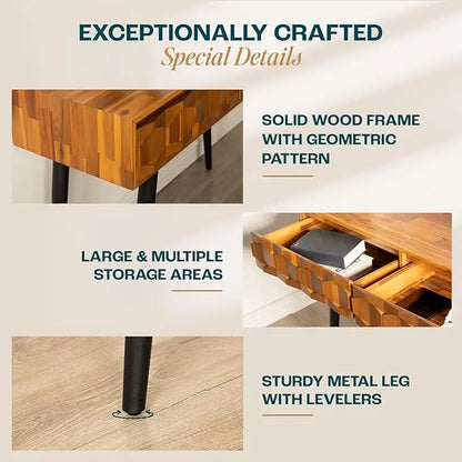 Bme Solid Wood Coffee Table with Storage Drawers & Console Table with Geometric Details, 2 Drawers Each, Brown - LeafyLoom