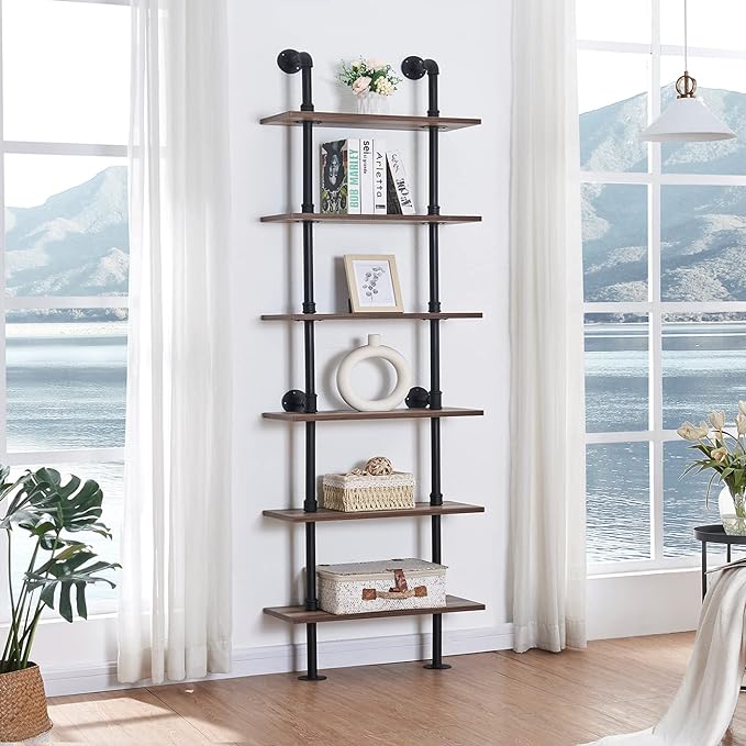 HOMBAZAAR Industrial Bookshelf, 6-Tier Industrial Pipe Bookshelf, Wall Mounted Ladder Shelves with Metal Frame for Home Office, Living Room, Oak Brown - LeafyLoom