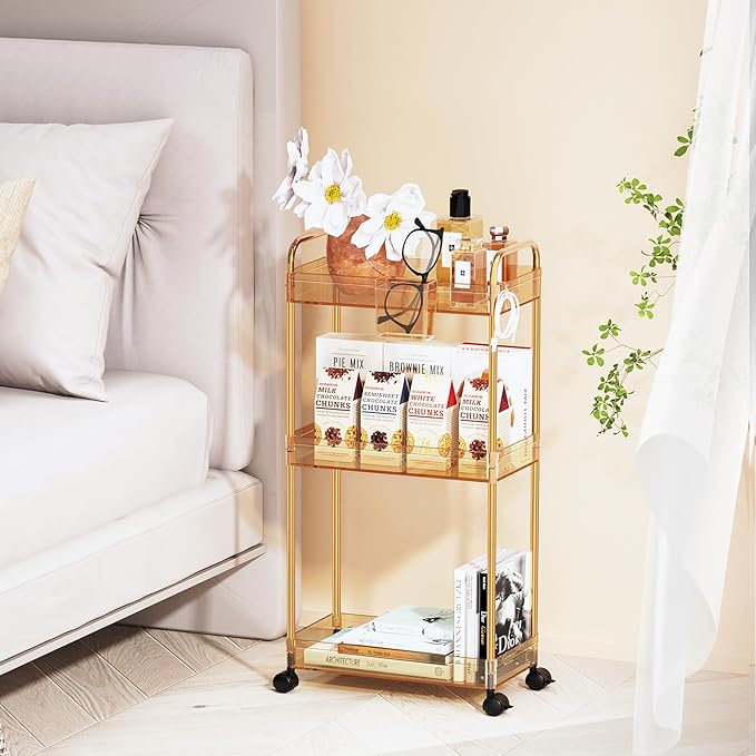 SPACEKEEPER 3 Tier Utility Storage Cart Rolling Bathroom Organizer, Transparency Mobile Shelving Unit Clear Rolling Utility Cart Multifunction, Amber - LeafyLoom