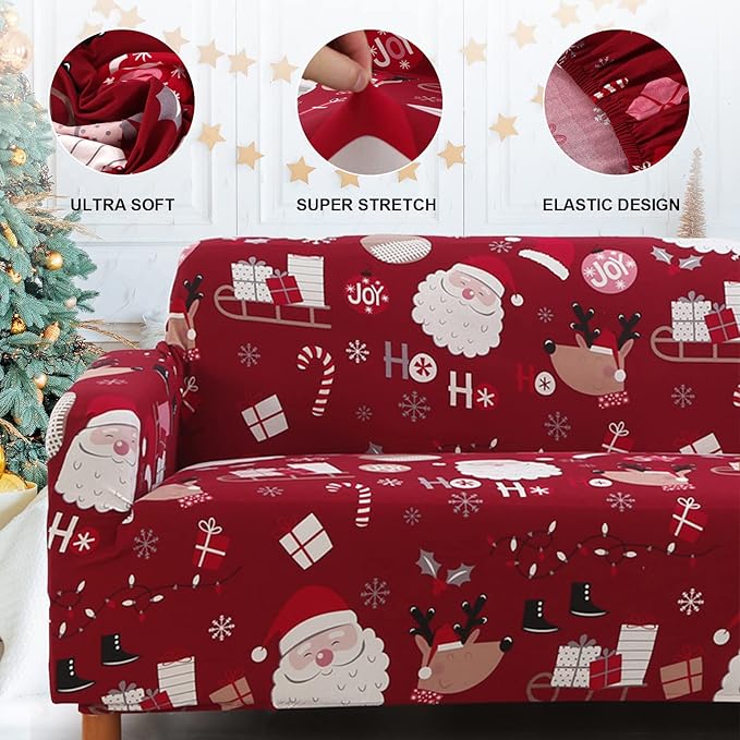 Mybedsoul Christmas Sofa Cover Santa Claus Printed Sofa Couch Cover Washable Furniture Protector with Elastic Bottom Xmas Home Room Festival Decoration(3 Seater) Mybedsoul