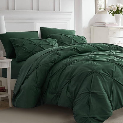 Ubauba 7pc King Size Comforter Set with Sheets Dark Green, Emerald 7 Pieces Pinch Pleat Bed in a Bag, All Season Hunter Green Beddings Set with Comforters (Green,King) - LeafyLoom