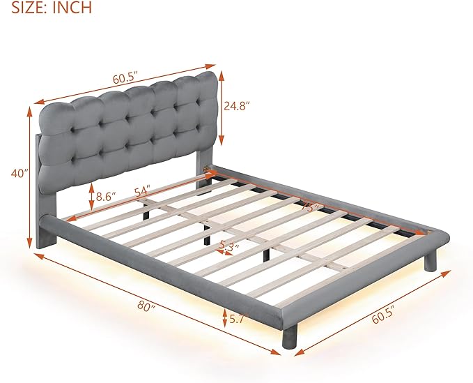 RITSU Full Size Velvet Fabric Platform Bed, Solid Wood Bedframe with LED, Button-Tufted Design Headboard, includes 16 Colors Lights Can Remote Control, No Box Spring Needed, Gray - LeafyLoom