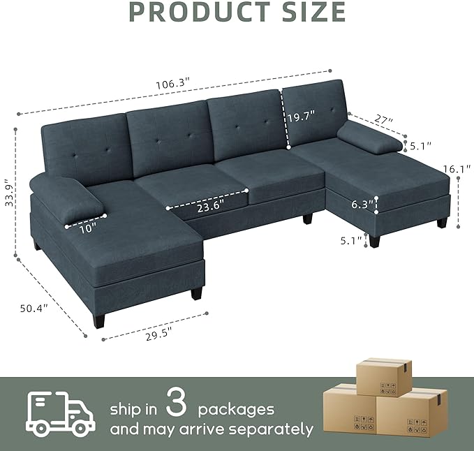 Shintenchi Sectional Couches for Living Room, U Shaped Sofa Couch with Double Chaise, 4-Seat Living Room Furniture Sets with Soft Cushion & Linen Fabric, Dark Grey - LeafyLoom