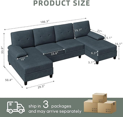 Shintenchi Sectional Couches for Living Room, U Shaped Sofa Couch with Double Chaise, 4-Seat Living Room Furniture Sets with Soft Cushion & Linen Fabric, Dark Grey - LeafyLoom