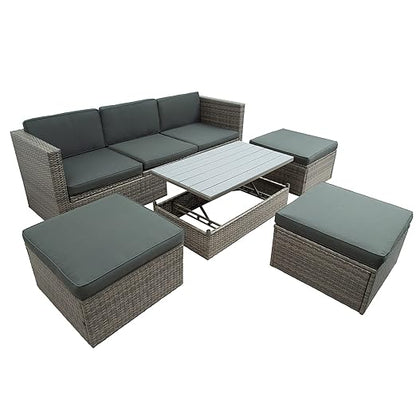 5 Pieces Outdoor Patio Sectional Sofa Couch, PE Wicker Furniture Conversation Sets with Adustable Backrest & Washable Cushions & Ottomans & Glass Coffee Table for Garden, Poolside, Backyard - LeafyLoom