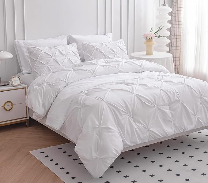 LANE LINEN White Comforter Set with Sheets, 7 Piece Bed in a Bag Queen Size, Pintuck Queen Bed Set, Ultra Soft Bedding Queen Size with Down Alternative Comforter, Sheets, Pillowcases & Shams - White - LeafyLoom