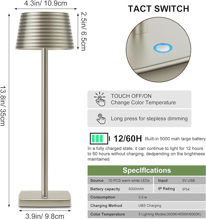 Rechargeable Cordless Table Lamp, Battery 5000mAh Metal Aluminum Housing USB LED Portable Powered Desk Lamp, 3 Levels Brightness Night Light for Restaurants Bars Outdoor (Silver-2pack) - LeafyLoom