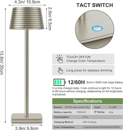 Rechargeable Cordless Table Lamp, Battery 5000mAh Metal Aluminum Housing USB LED Portable Powered Desk Lamp, 3 Levels Brightness Night Light for Restaurants Bars Outdoor (Silver-2pack) - LeafyLoom