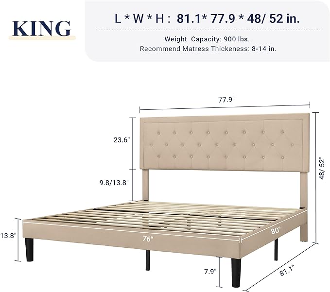 Allewie King Size Platform Bed Frame/Fabric Upholstered Bed Frame with Diamond Button Tufted Headboard/Adjustable Headboard/Wood Slat Support/Mattress Foundation/Beige (King) - LeafyLoom