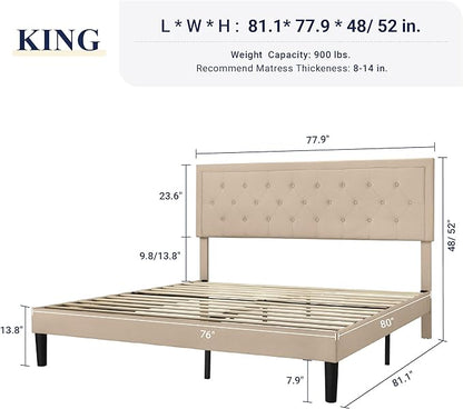 Allewie King Size Platform Bed Frame/Fabric Upholstered Bed Frame with Diamond Button Tufted Headboard/Adjustable Headboard/Wood Slat Support/Mattress Foundation/Beige (King) - LeafyLoom