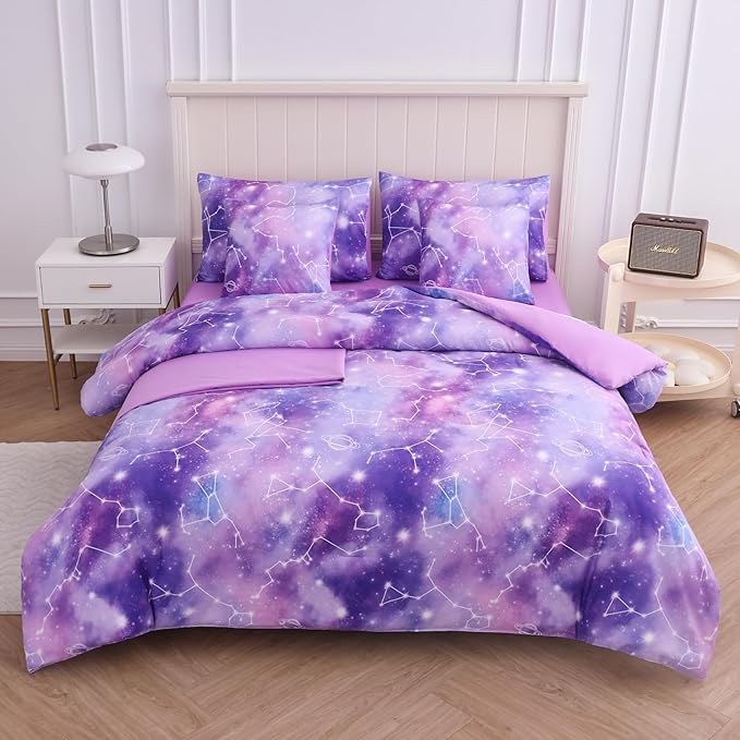 Full Size Bedding Sets Kids Bedding Sets for Girls,Galaxy Bedding 7pieces Glitter Pink Comforter Colorful Comforter Full Size Comforter Sets for Teen Girls(Multicolor) - LeafyLoom