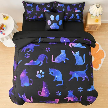 DORCAS Cute Cat Twin Comforter Set for Girls Starry Sky Bedding Sets Twin Girls 6 Pieces Animal Twin Bed-in-A-Bag with Comforter,Sheets,Pillowcases for Kids - LeafyLoom