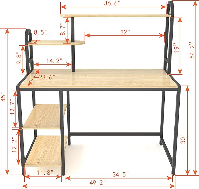 Anivia Computer Bookshelf Home Office, Study Table with Hutch & Adjustable Shelves, Sturdy Wooden Desk for Gaming, Easy Assemble, 49.2", Light Walnut - LeafyLoom