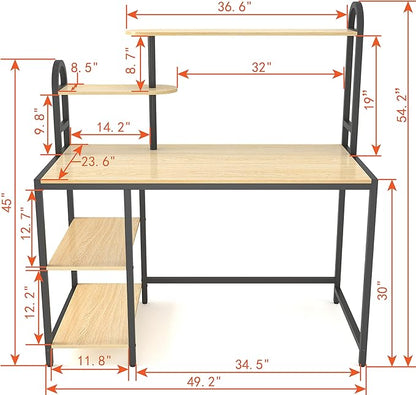 Anivia Computer Bookshelf Home Office, Study Table with Hutch & Adjustable Shelves, Sturdy Wooden Desk for Gaming, Easy Assemble, 49.2", Light Walnut - LeafyLoom