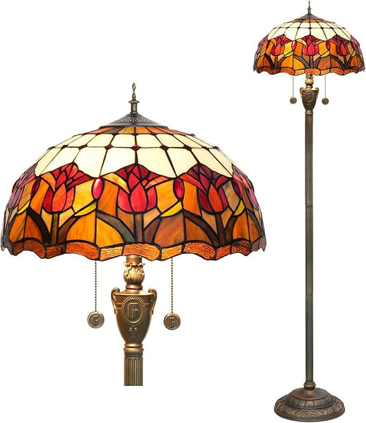 Tiffany Floor Lamp Red Tulip Style Stained Glass lamp for Living Room Bedroom Office Bright Lighting Rustic Corner Deco Standing Tall Unique Vintage Reading Unique Bronze Reading Aesthetic - LeafyLoom