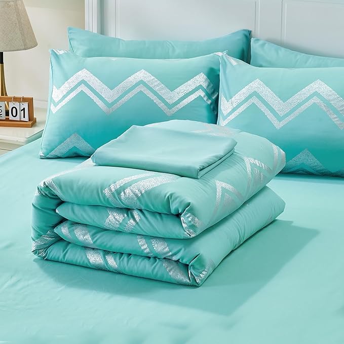 Wowelife 7 Pieces Comforter Set King Size Teal Silver Bedding Set Glitter Kids Bedding Set Blue Bed in a Bag Girls with Comforter, Flat Sheet, Fitted Sheet, 2 Pillow Shams and 2 Pillowcases - LeafyLoom