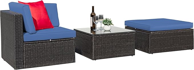 Greesum 3 Piece Patio Conversation Set Wicker Rattan Furniture Outdoor Sofa with Cushions,Pillows & Glass Table for Porch,Lawn and Yard, Dark Blue - LeafyLoom