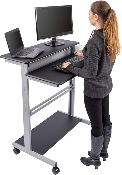 Stand Up Desk Store Rolling Adjustable Height Two Tier Standing Desk Computer Workstation (Silver Frame/Black Top, 40" Wide) - LeafyLoom