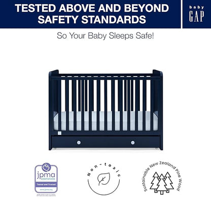 babyGap by Delta Children Graham 4-in-1 Convertible Crib with Storage Drawer TrueSleep Crib and Toddler Mattress (Bundle), Navy/Light Blue - LeafyLoom