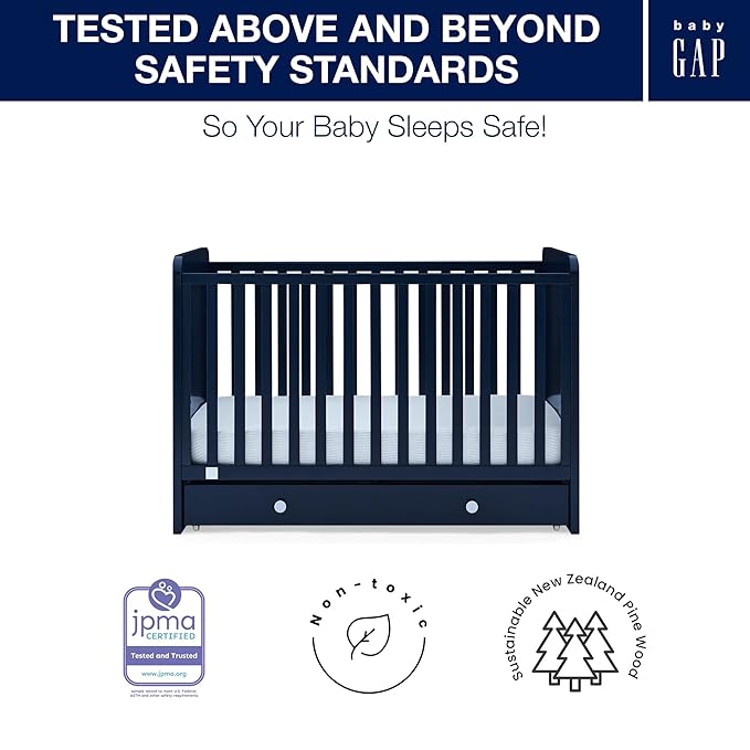 Delta Children babyGap Graham 4-in-1 Convertible Crib with Storage Drawer + Brannan Bear Bookcase with Bins + Brannan Bear Wall Shelf with 4 Hooks, Navy/Light Blue (Bundle) - LeafyLoom