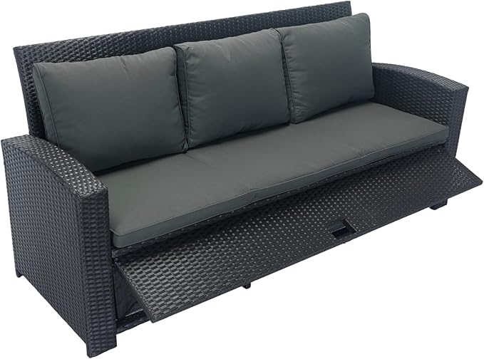 5 Pieces Outdoor Rattan Patio Furniture Sectional, Seater Conversation Set with 3 Storage Under Seat Wicker + Dark Grey Cushion for Backyard, Deck, Poolside, Zl-Black - LeafyLoom