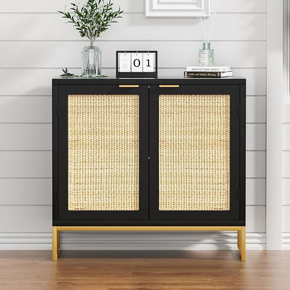 Anmytek Rattan Sideboard Buffet Kitchen Storage Cabinet with 2 Doors, Modern Black Accent Cabinet for Kitchen Buffet Cabinet with Storage for Kitchen - LeafyLoom