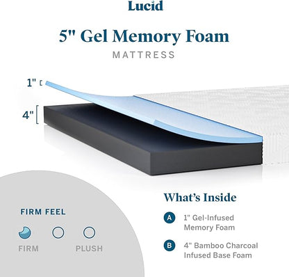 Lucid 5 Inch Gel Memory Foam Mattress - Firm Feel - Gel Infusion - Memory Foam Infused with Bamboo Charcoal - Breathable Cover - Short Queen - LeafyLoom