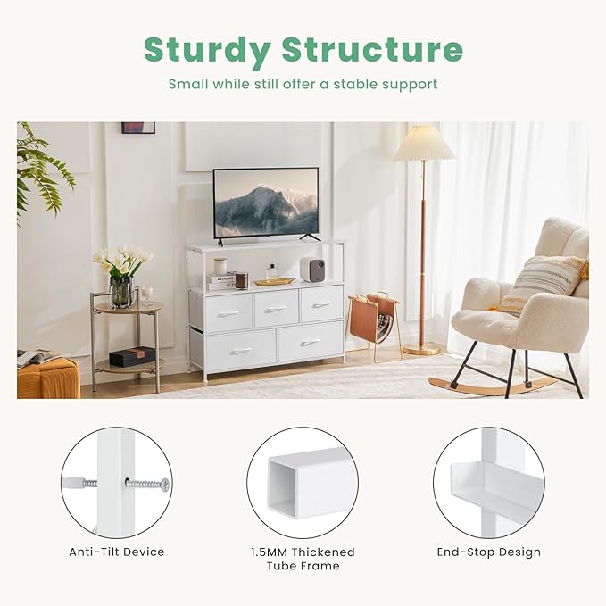 ANTONIA TV Stand Dresser for Bedroom with 5 Fabric Drawer, Entertainment Center for 45 inch Television, Media Console Table with Storage, Open Shelf, Adjustable Feet, Living Room Furniture, White - LeafyLoom