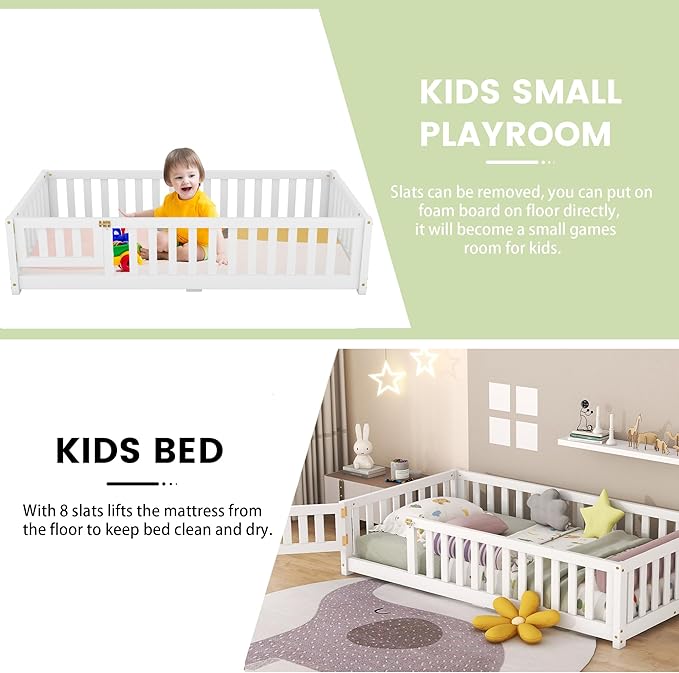 Multifunctional Twin Size Floor Bed with Safety Guardrails and Door, Removable Wood Slats, Montessori Beds Frame for Toddlers, for Boys and Girls, White - LeafyLoom