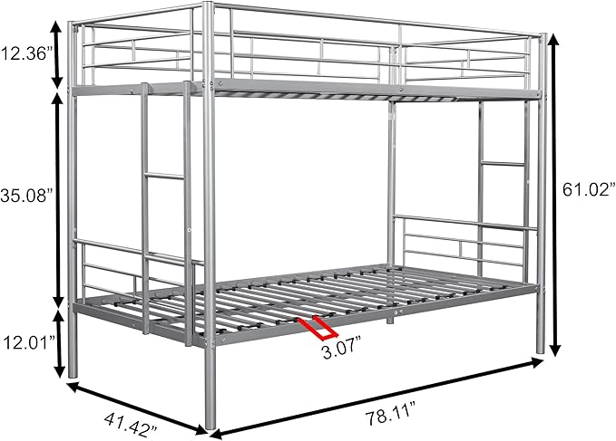 Metal Twin over Twin Bunk Bed,Heavy-duty Sturdy Metal-bed,Noise Reduced Design, 2 Side Ladders, Safety Guardrail,CPC Certified,No Box Spring Needed,Bedroom Furniture,Silver - LeafyLoom