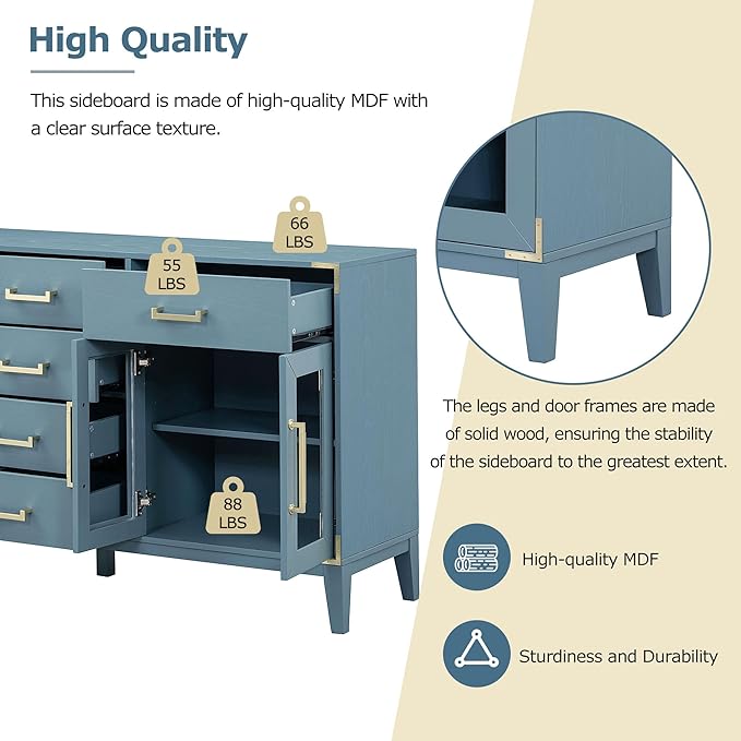 60" Retro Sideboard with 6-Drawer and 2-Cabinet,Multifunctional Buffet,w/Gold Handles & Solid Wood Legs,Extra Large Storage Space,for Kitchen and Living Room,Antique Blue - LeafyLoom