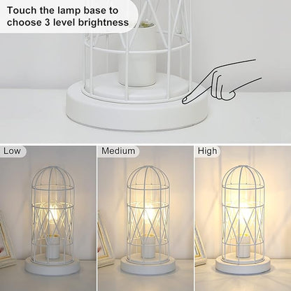 Bedside Touch Lamp, Small Table Lamp for Bedroom Living Room, 3 Way Dimmable Modern Nightstand Lamp, Simple Desk Lamp with White Metal Cage Shade, 2700K LED Bulb Included - LeafyLoom