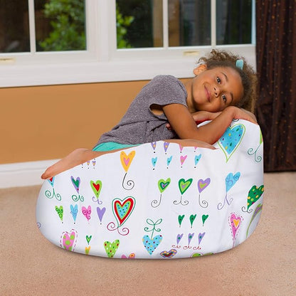 Posh Creations Bean Bag Chair for Kids, Teens, and Adults Includes Removable and Machine Washable Cover, Canvas Multi-Colored Hearts on White, 27in - Medium - LeafyLoom