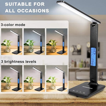 LED Desk Lamp, Dimmable Eye-Protecting Table Lamps with Night Light, USB Charging Port, 4 Color Temperature Modes, 5 Brightness Levels, 1H Timer, Touch Control for Home Office Bedroom (Black) - LeafyLoom