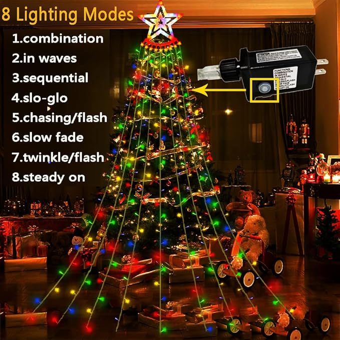 Outdoor Christmas Decorations, Aokudoni 12.6ft 350LED Waterfall Lights, 8 Modes Christmas Lights, Christmas Decorations for Tree, Outdoor Christmas Lights for House Tree Holiday Party, Multicolor Aokudoni