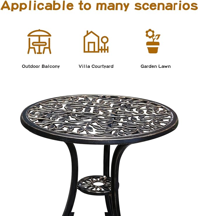 Patio Bistro Set.Rust-Resistant Cast Aluminum Bistro Table Set with Umbrella Hole for Backyard (Leaf DESIGNCOPPER) - LeafyLoom