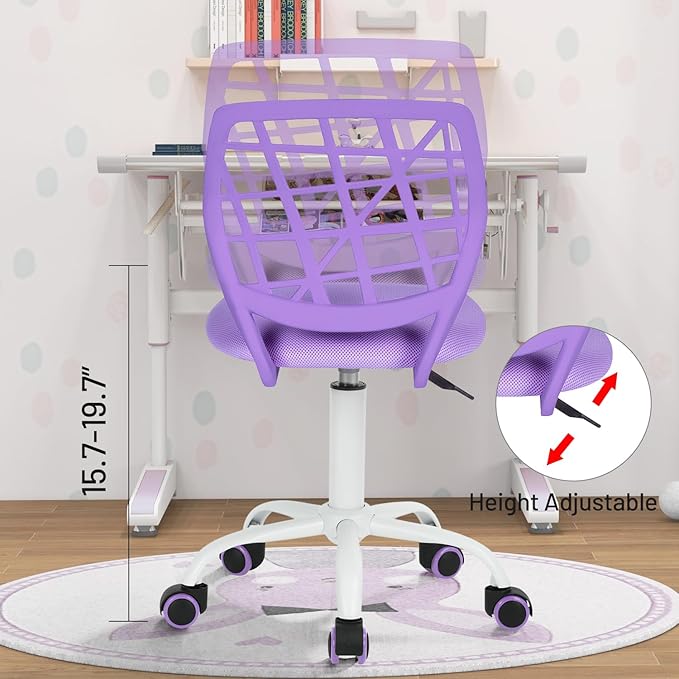 FurnitureR Kids Desk Chair, Armless Small Adjsutable Swivel Task Chair with Soft Cushion for Study Kids Teens Child, Purple - LeafyLoom