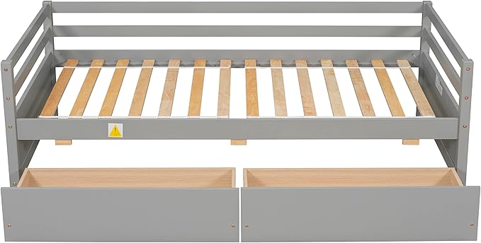 Twin Daybed with 2 Storage Drawers,Pinewood Twin Size Daybed Frame with Guardrail,for Boys/Girls/Teens Bedroom, Easy to Assemble, No Box Spring Needed,Grey - LeafyLoom