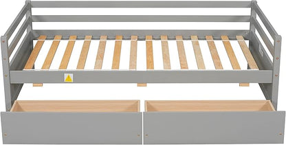 Twin Daybed with 2 Storage Drawers,Pinewood Twin Size Daybed Frame with Guardrail,for Boys/Girls/Teens Bedroom, Easy to Assemble, No Box Spring Needed,Grey - LeafyLoom