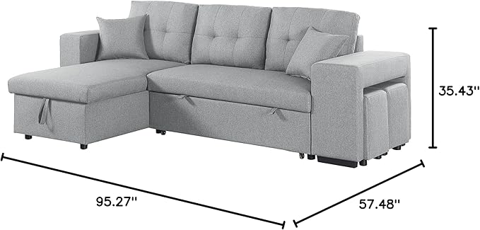 RITSU Reversible Sectional Sofa with Pull Out Loveseat Sleeper Bed Storage Space and 2 Stools, Corner Couch with Side Cabinets, Suitable for Living Room, Apartment Light Gray, 95.27inch - LeafyLoom