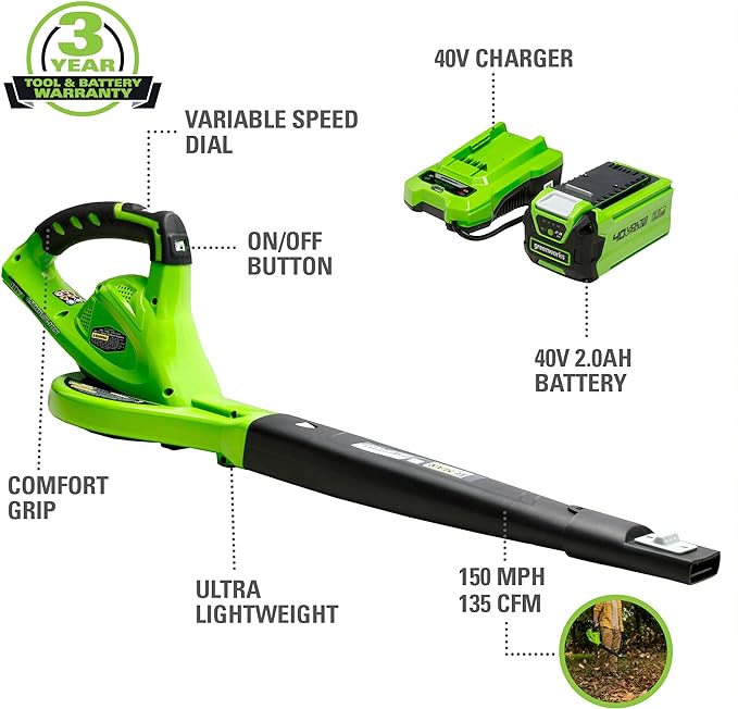 Greenworks 40V Leaf Blower/Sweeper, 150 MPH, Lightweight, Quiet, with 2.0 Ah Battery and Charger - LeafyLoom