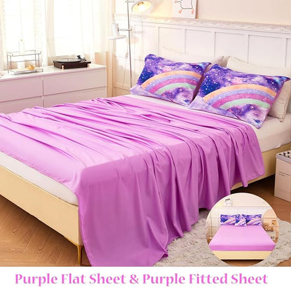 6Pcs Purple Rainbow Twin Size Bedding Set for Girls Gradient Glitter Kids Comforter Sets Tie Dye Girls Bed Set Sparkle Galaxy Bed in A Bag with Sheets - LeafyLoom