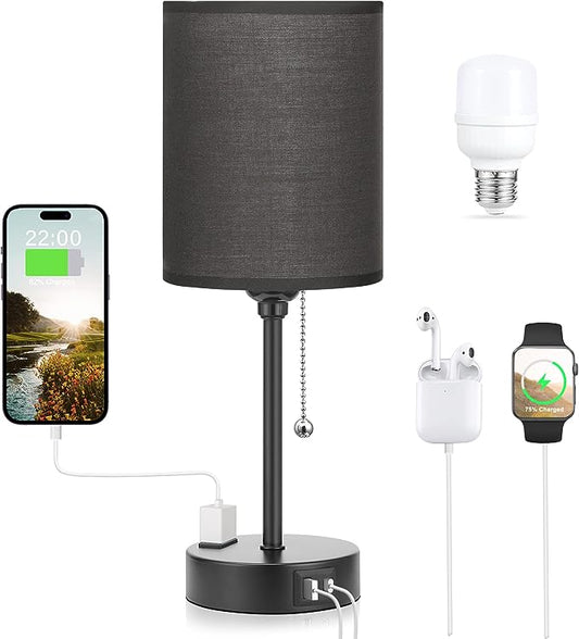 Dicoool Black Bedroom Lamps 3 Color Temperatures - 2700K 3500K 5000K Small Bedside Lamps with USB C and A Ports, Pull Chain Table Lamps with AC Outlet, Black Nightstand Lamps for Kids Sleeping - LeafyLoom