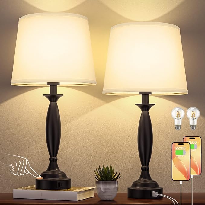 White Lamps for Bedrooms Set of 2 - Touch Control Bedside Lamp with USB C+A, 3 Way Dimmable Nightstand Lamps with USB Port, Table Lamp for Living Room(White Shade and Black Base) - LeafyLoom